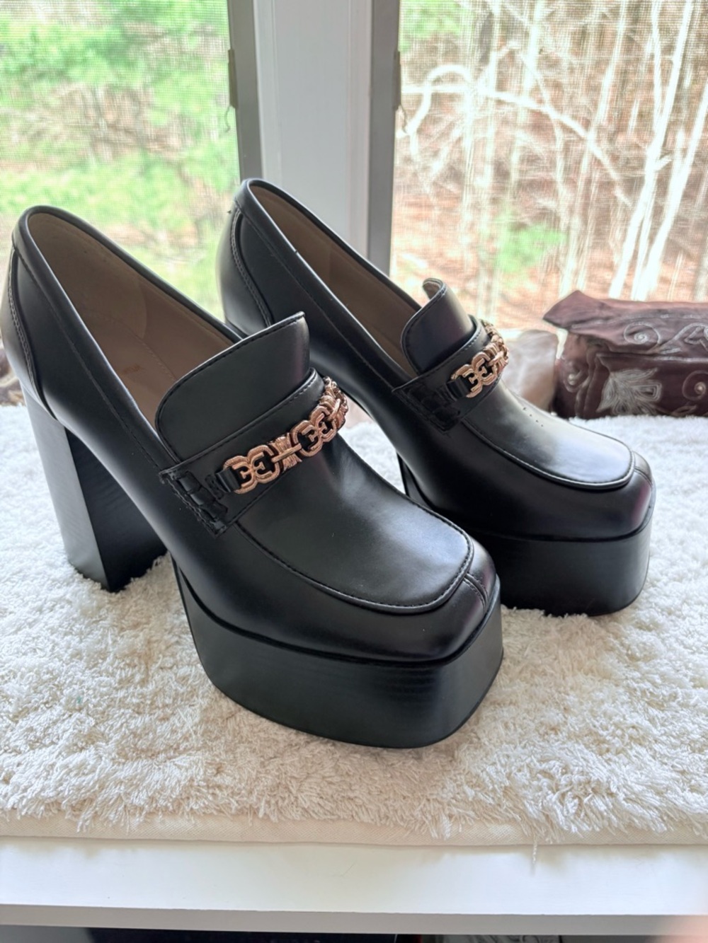 Sam Edelman Black Platform Block Heel Loafers with Gold Chain